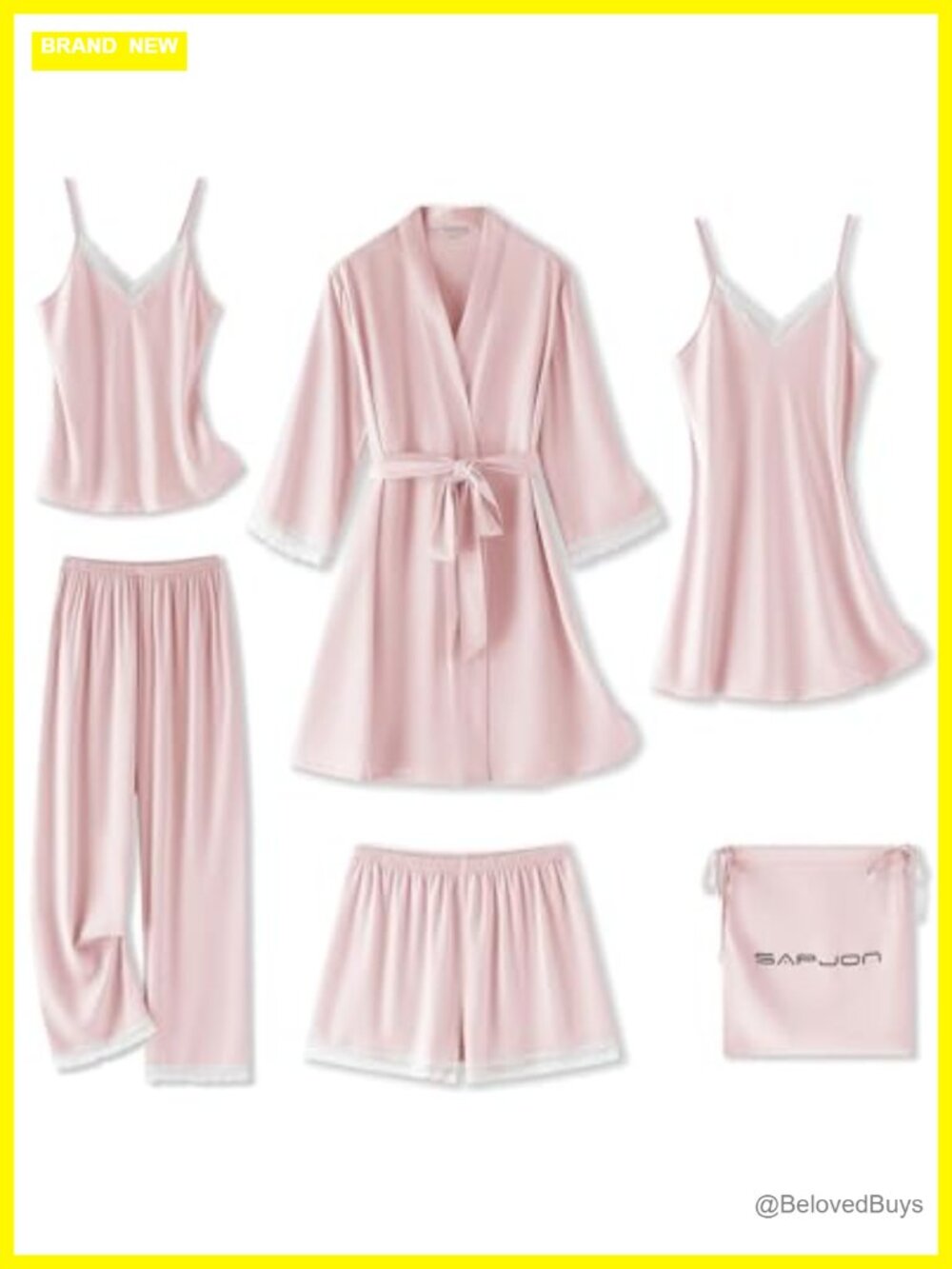 Satin Lace 6 Piece Pajama Set Robe Nightgown Cami Sleepwear